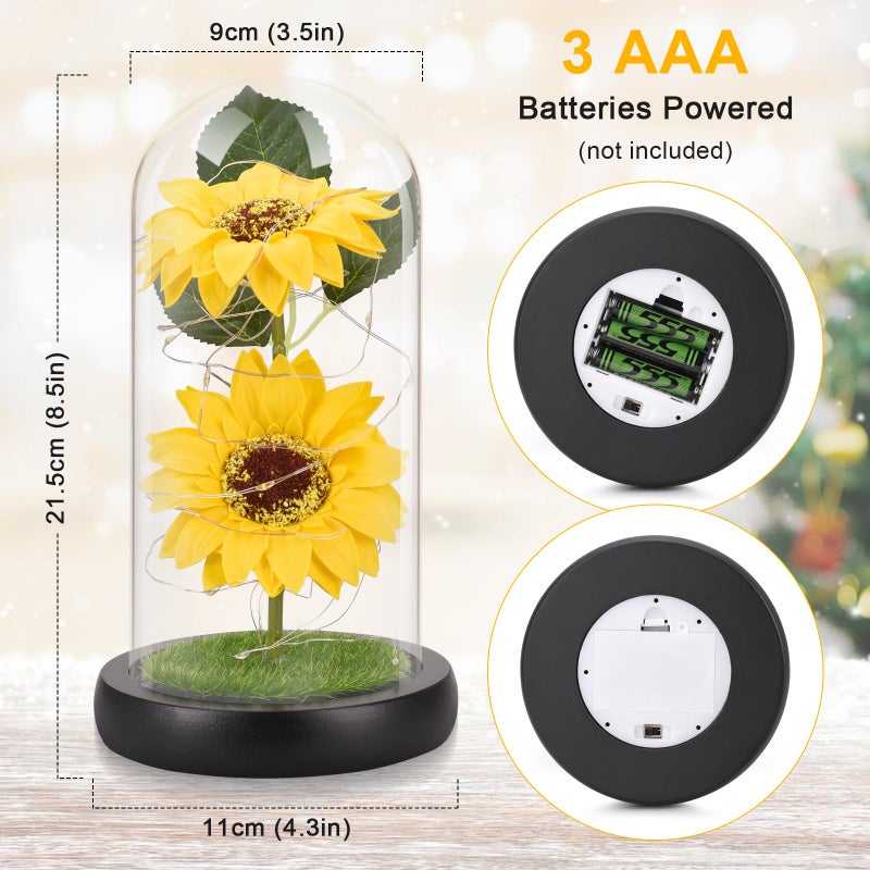 socathey Sunflower Gifts for Women  Artificial Sunflowers in Glass Dome with LED Strip  1PSC Sunflower Decor on Mother's Day  Valentine's Day  Christmas  Thanksgiving  Birthday (Yellow-New) - Image 2